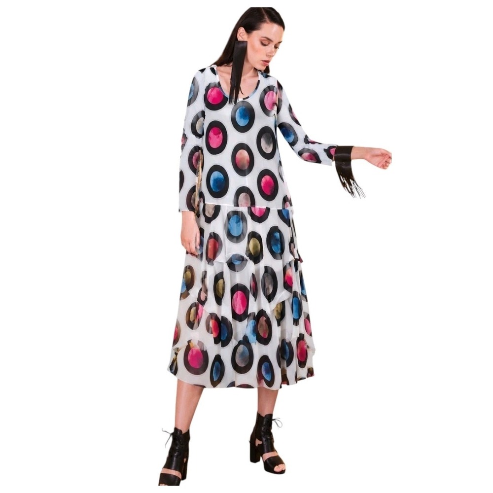 NWT Kozan Lori Planets Drop Waist Dress Mesh Slv XS Art To Wear Whimsical Boho‎
